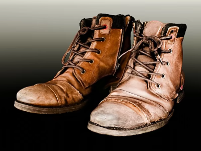 Brown Leather Work Boots With Shoelaces Distressed Design And Thick Sole 3d model