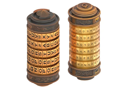 Ancient Decorative Cylindrical Objects With Engraved Symbols And Metallic Design 3d model