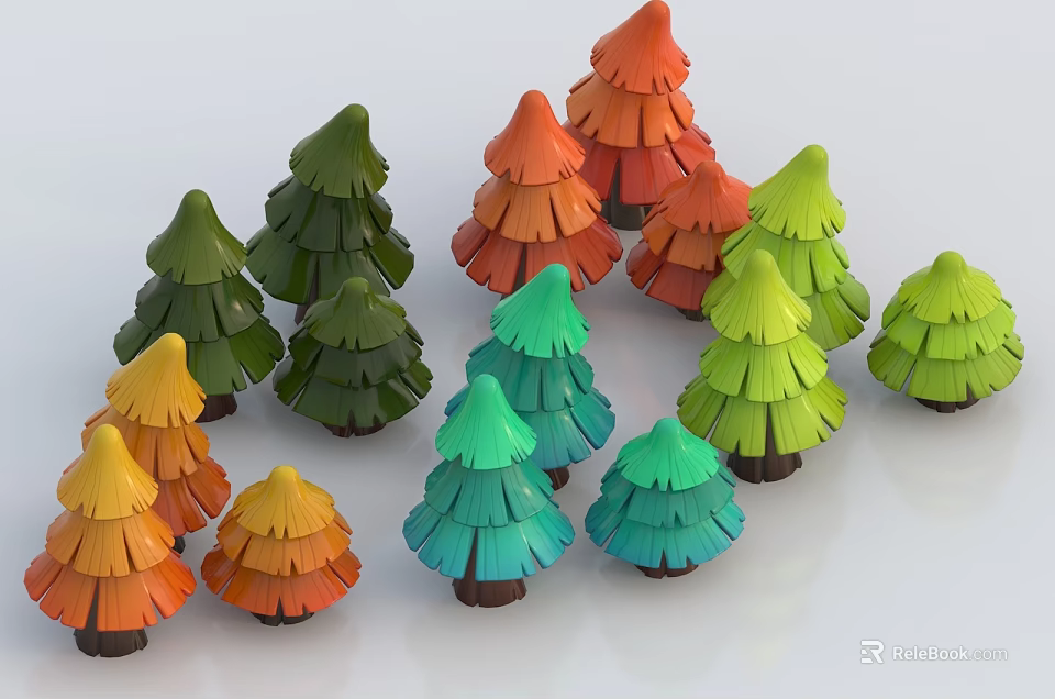 Cute Cartoon Scene With Colorful Layered Fan Shaped Trees And Dark Trunks 3d model 