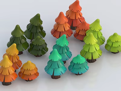 Cute Cartoon Scene With Colorful Layered Fan Shaped Trees And Dark Trunks 3d model
