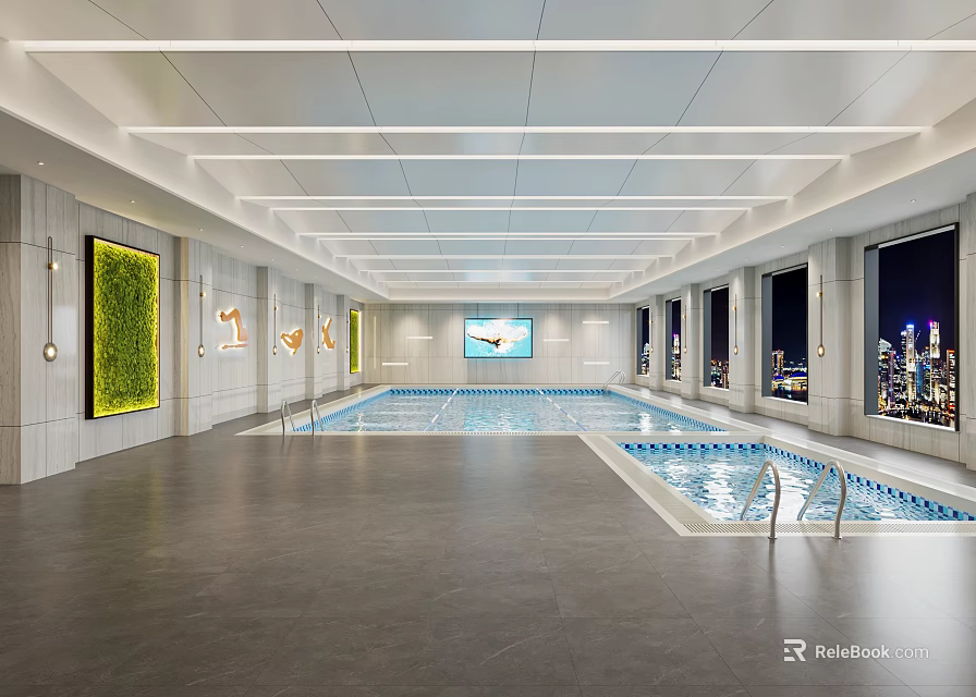 Modern Indoor Swimming Pool With City View And Lighting 3d model 