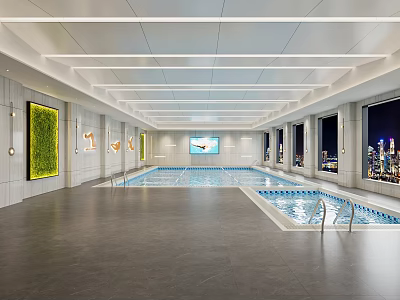 Modern Indoor Swimming Pool With City View And Lighting 3d model
