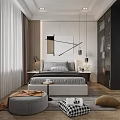 Modern Bedroom Interior With Gray Bed Nightstand Table Lamp And Wall Art