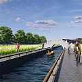 Rural Landscape With Outdoor Seating Area Walking Path People And Cyclist Under Blue Sky