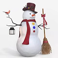Cute Snowman With Red Scarf Colorful Buttons Red Hat Red Bird Lantern And Broom