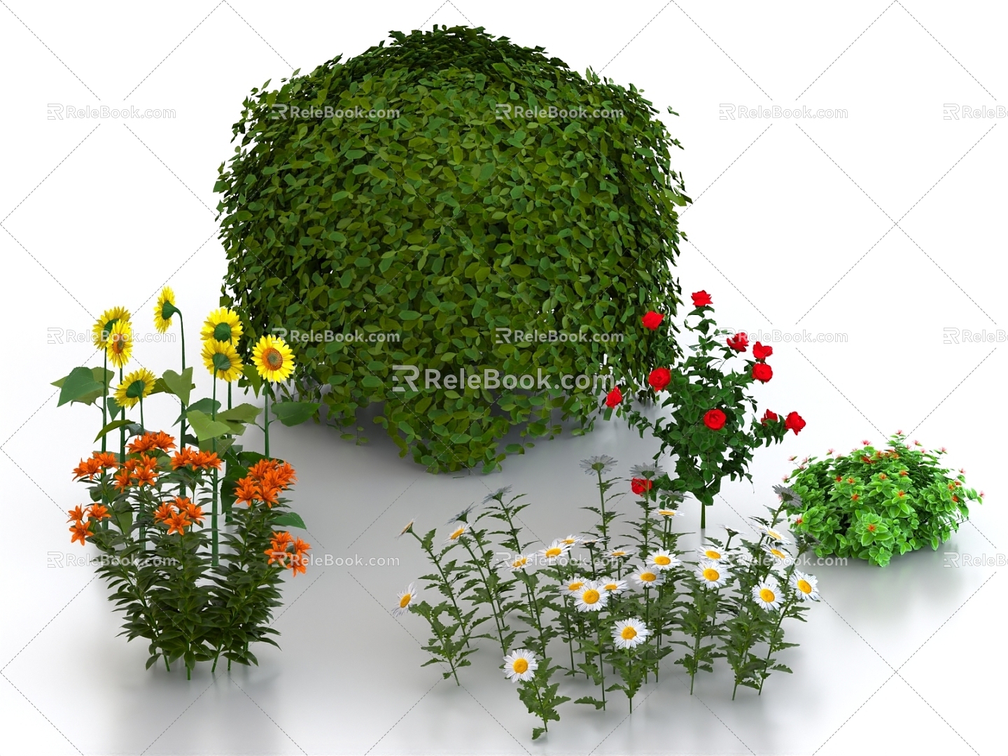 green belt of shrubs, flowers and plants 3d model