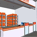 Modern Retail Store Front With Glass Doors Orange Shelves And Red Mat