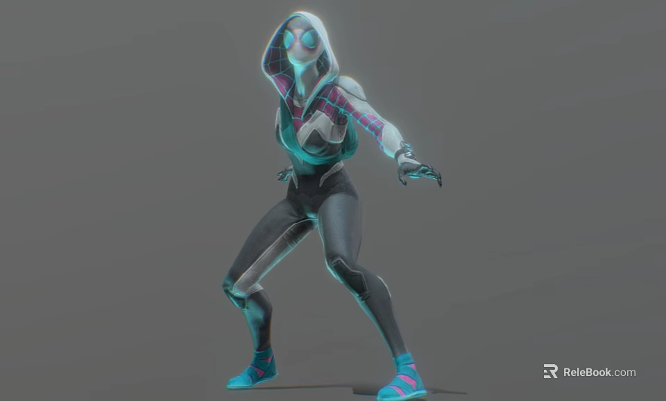 Hooded Masked Game Movie Character In Teal Green Bodysuit Action Ready Pose With Glowing Elements 3d model 