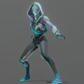 Hooded Masked Game Movie Character In Teal Green Bodysuit Action Ready Pose With Glowing Elements