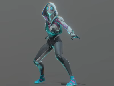 Hooded Masked Game Movie Character In Teal Green Bodysuit Action Ready Pose With Glowing Elements 3d model