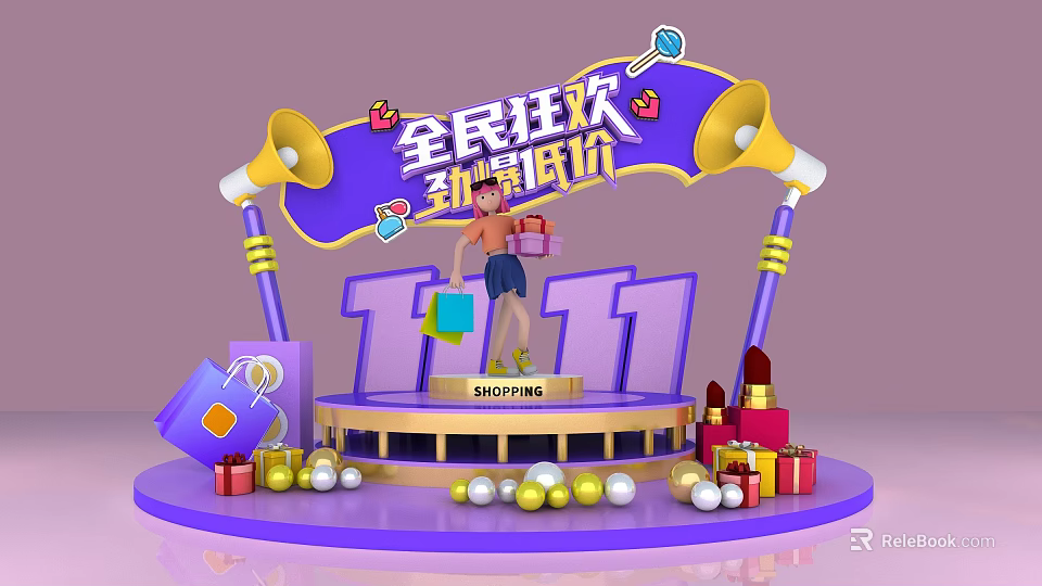 11 Shopping Festival National Carnival with Woman Shopping Clearance Price and Gift Boxes 3d model 