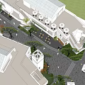 Commercial Landscape With Pedestrian Walkway Stone Pavement Trees White Buildings And Outdoor Seating