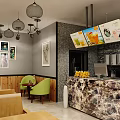 Bubble Tea Shop Interior Featuring Marble Counter Wooden Chairs Hanging Lights And Menu Screens