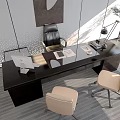Modern Office Desk With Two Chairs Table Lamp Wall Art Green Plant And White Walls