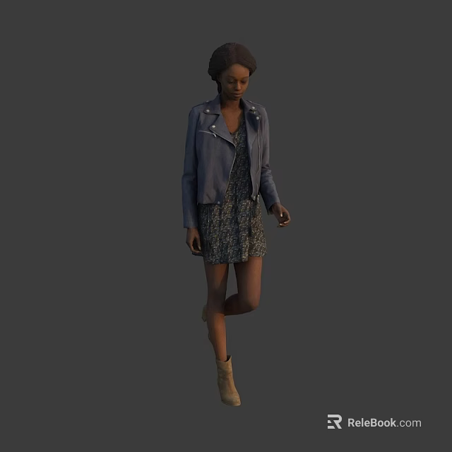 Woman in Blue Leather Jacket and Patterned Dress with Brown Boots in Walking Pose 3d model 