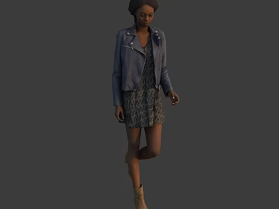 Woman in Blue Leather Jacket and Patterned Dress with Brown Boots in Walking Pose 3d model