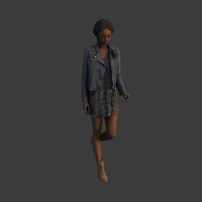 Woman in Blue Leather Jacket and Patterned Dress with Brown Boots in Walking Pose 3d model