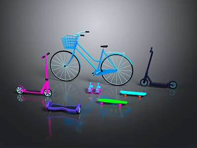 Colorful Kids Play Vehicles Collection With Bicycle Scooter Skates And Skateboards 3d model