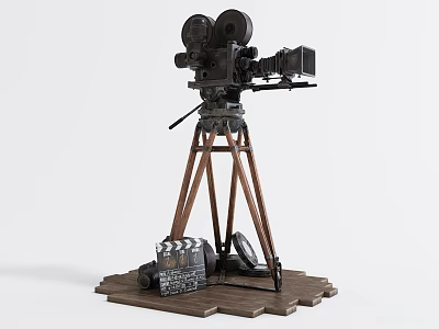 Vintage Style Digital Video Camera With Tripod Clapperboard And Wooden Base 3d model