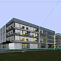 Modern Industrial Park Featuring Glass Facades Trees Roadside Cars and Pedestrians