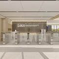 Modern Reception Desk Interior Design With LOGO Display Glass Partitions And Wooden Shelves
