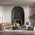 Modern Minimalist Living Room With Beige Sofa Arched Fireplace Burning Fire Armchairs Plant And Rug