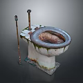 Old Rusted Squat Toilet With Side Metal Rods Covered In Moss And Stains