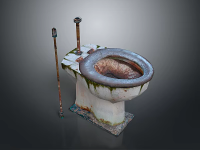 Old Rusted Squat Toilet With Side Metal Rods Covered In Moss And Stains 3d model