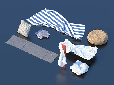 Assorted Household Essentials With Striped Towel Woven Mat And Folded Fabrics 3d model