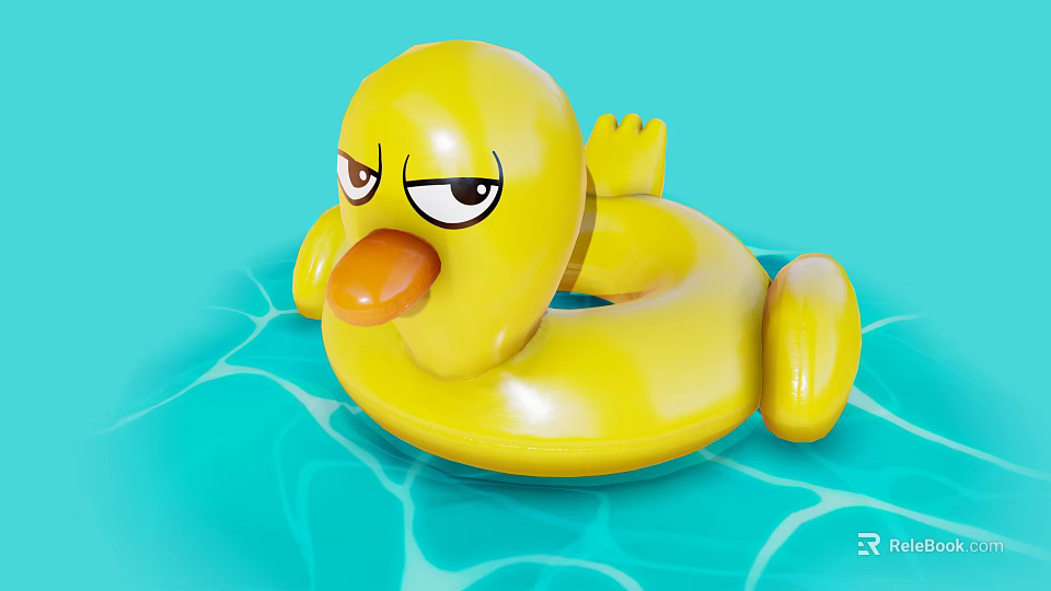 Yellow Inflatable Duck Swim Ring Floating With Grumpy Expression On Blue Water 3d model 