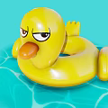 Yellow Inflatable Duck Swim Ring Floating With Grumpy Expression On Blue Water