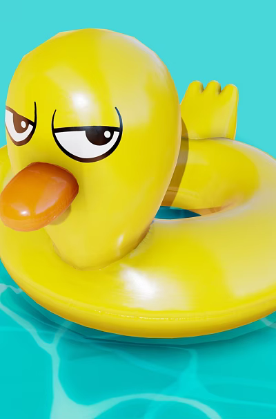 Yellow Inflatable Duck Swim Ring Floating With Grumpy Expression On Blue Water 3d model