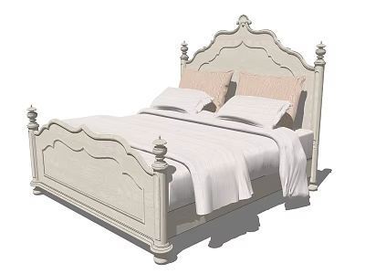 Elegant Light Colored Double Bed With Ornate Carved Headboard And Pillows 3d model