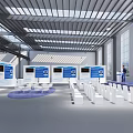 Modern Spacious Conference Room With Stage Large Screen White Chairs Round Tables And City View