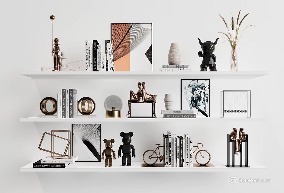Modern Home Decor Ornament Collection With Sculptures Vase Frames Books And Plants On Shelf 3d model 