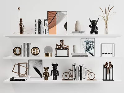 Modern Home Decor Ornament Collection With Sculptures Vase Frames Books And Plants On Shelf 3d model