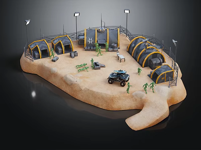 Military Camp With Tents Off Road Vehicle Soldier Figures Lighting Poles On Sand Terrain 3d model