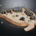 Military Camp With Tents Off Road Vehicle Soldier Figures Lighting Poles On Sand Terrain