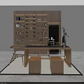 Modern Wooden Tea Table and Chairs with Cabinet Shelves Plant Decor on Concrete Floor