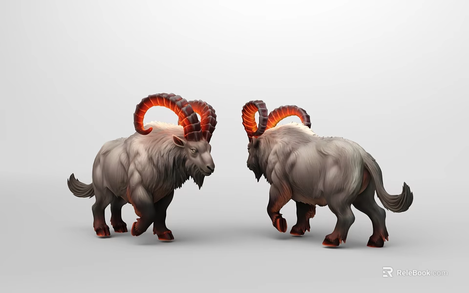 3D Rendered Mythical Rams With Glowing Red Horns And Gray Fur 3d model 