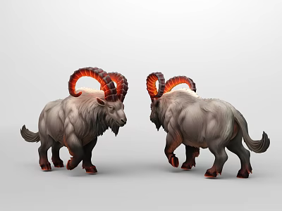 3D Rendered Mythical Rams With Glowing Red Horns And Gray Fur 3d model
