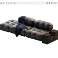 Black Leather Tufted Sectional Sofa With Blue Blanket And Ottoman 3d model
