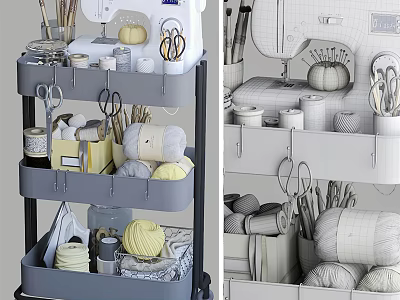 Multi layer Home Storage Shelf Organizing Sewing Supplies Scissors Yarn Balls And Cups 3d model