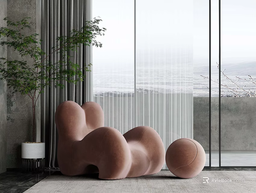 Pink Unique Bean Bag Chair In Modern Living Room With Large Window And Green Plant 3d model 