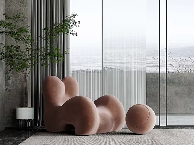Pink Unique Bean Bag Chair In Modern Living Room With Large Window And Green Plant 3d model