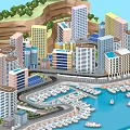 Urban Waterfront Cityscape Featuring Tall Modern Buildings and Moored Yachts