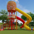 Garden Landscape With Yellow And Red Slide Tower Structure Green Grass Trees And Child