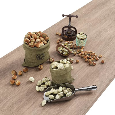Assorted Nuts in Burlap Sacks Scattered on Wooden Table With Manual Grinder and Metal Scoop 3d model