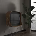 Modern TV In Wooden Stand With Metal Legs And Large Green Plant Near Window