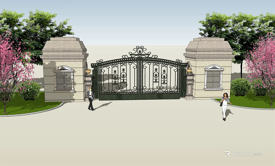 Ornate Wrought Iron Entrance Gate with Classic Stone Pillars Surrounded by Trees and Greenery 3d model 